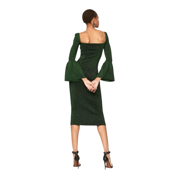 Self Portrait Knit Midi Dress Long Sleeve Metallic Green Stretch Knit Medium - Picture 2 of 13